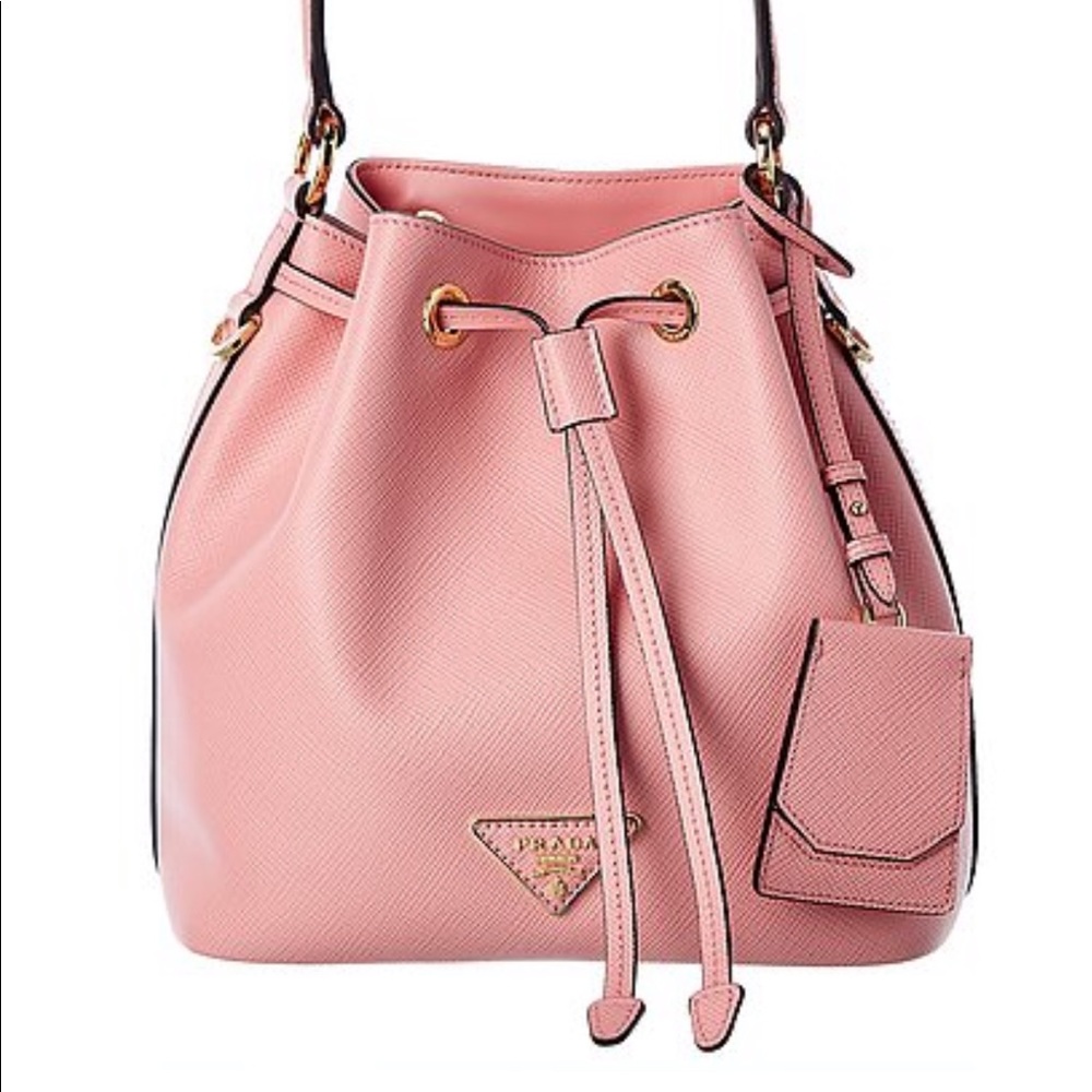 PRADA Logo Saffiano Leather Bucket Bag - Pink